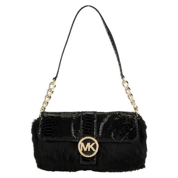 Michael Kors Black Python Embossed Leather &‎ Rabbit Fur Fulton Shoulder Bag - Picture 1 of 10